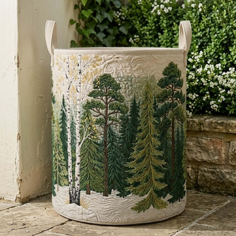 Pine Forest Quilted Laundry Basket, Woodland Nature Hamper, Forest Theme Gifts