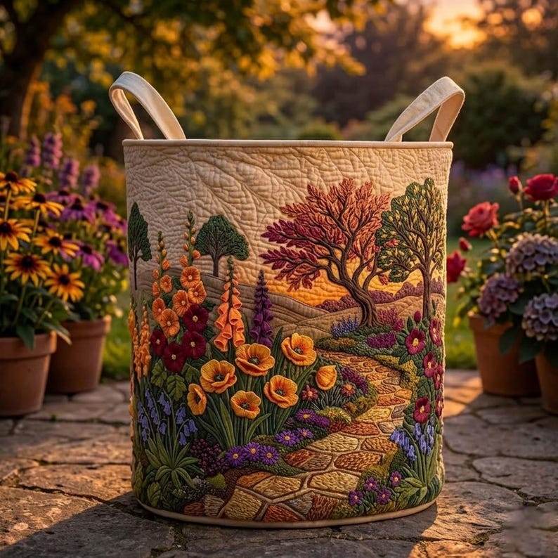 Sunset Flower Path Quilted Laundry Basket, Floral Foldable Hamper, Gift For Grandma