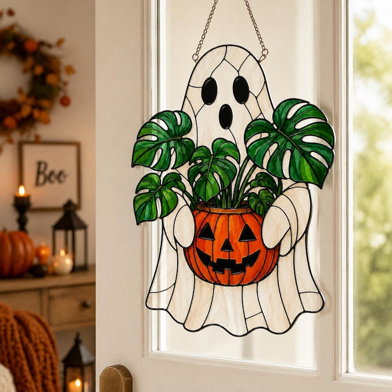Ghost Plant Acrylic Suncatcher, Halloween Monstera Pumpkin Window Hanging, Fall Plant Lover Gift