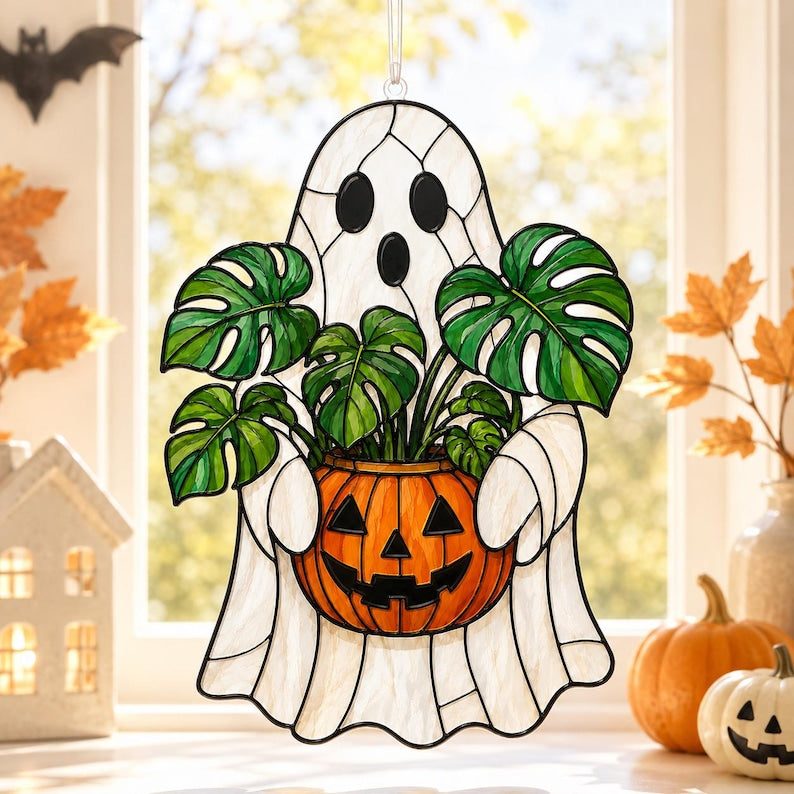 Ghost Plant Acrylic Suncatcher, Halloween Monstera Pumpkin Window Hanging, Fall Plant Lover Gift