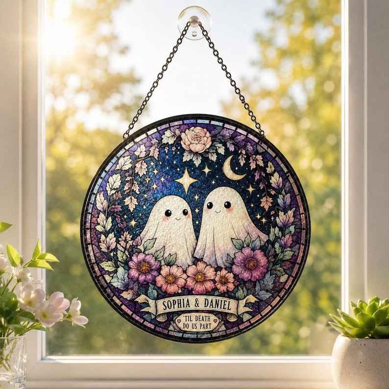 Custom Ghost Couple Stained Glass Suncatcher, Till Death Do Us Part Wedding Gift,  Gothic Anniversary Gift