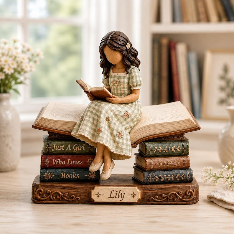 Custom Book Lover Wooden Block, Reading Girl Figurine, Bookworm Gift for Her, Reader Shelf Decor, Librarian Gift
