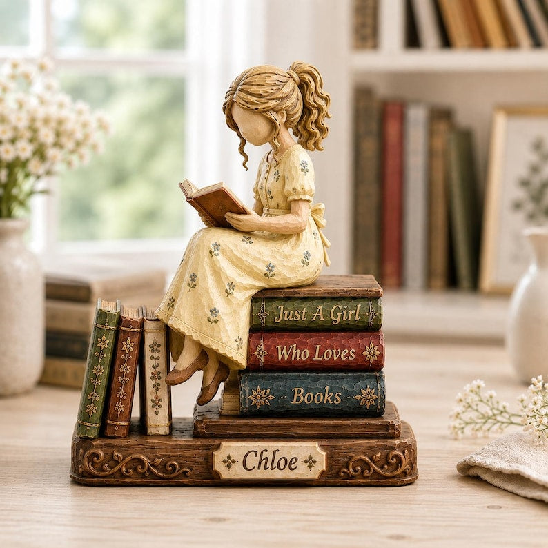 Custom Book Lover Wooden Block, Reading Girl Figurine, Bookworm Gift for Her, Reader Shelf Decor, Librarian Gift