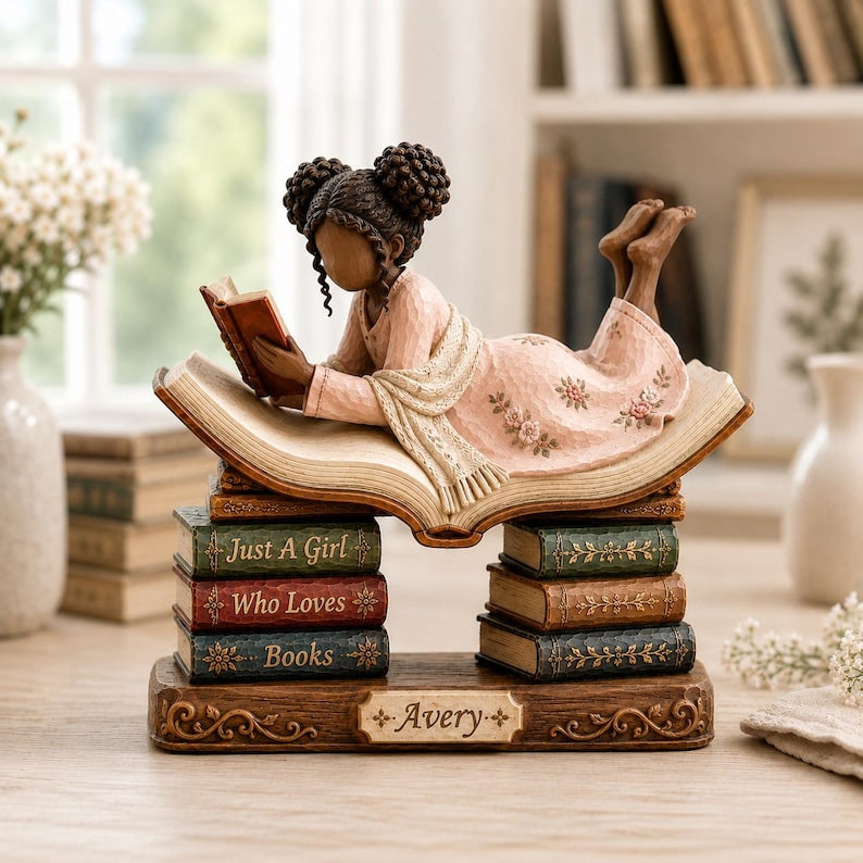 Custom Book Lover Wooden Block, Reading Girl Figurine, Bookworm Gift for Her, Reader Shelf Decor, Librarian Gift