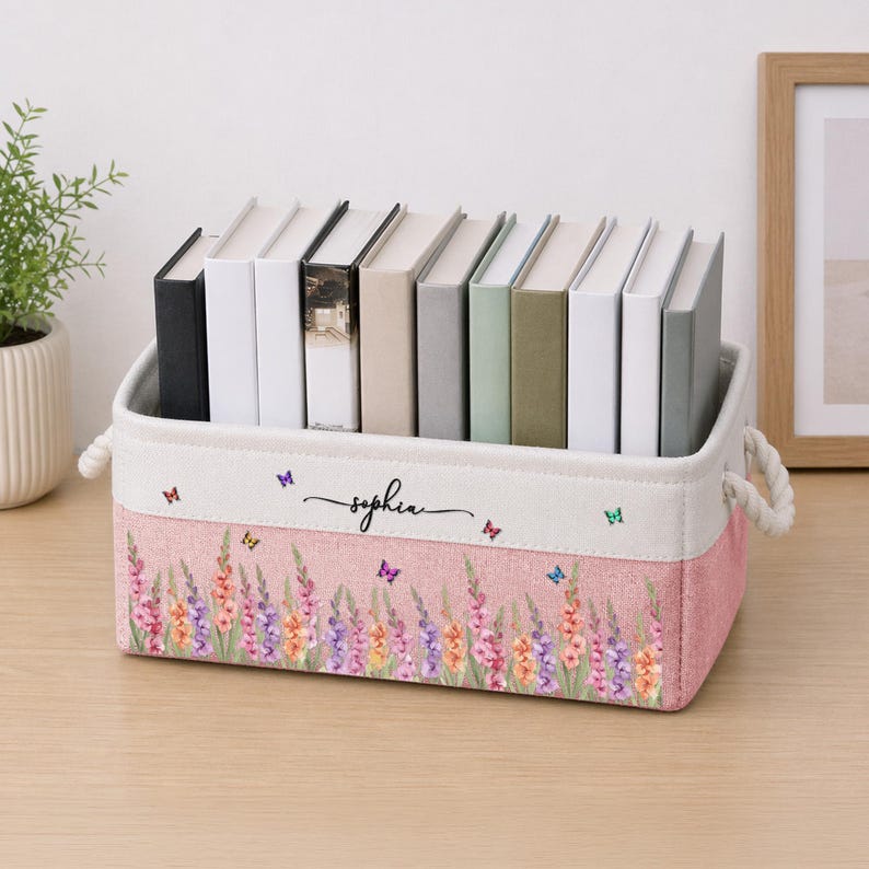 Personalized Birth Month Flower Book Basket, Custom Birth Flower & Name Storage Basket