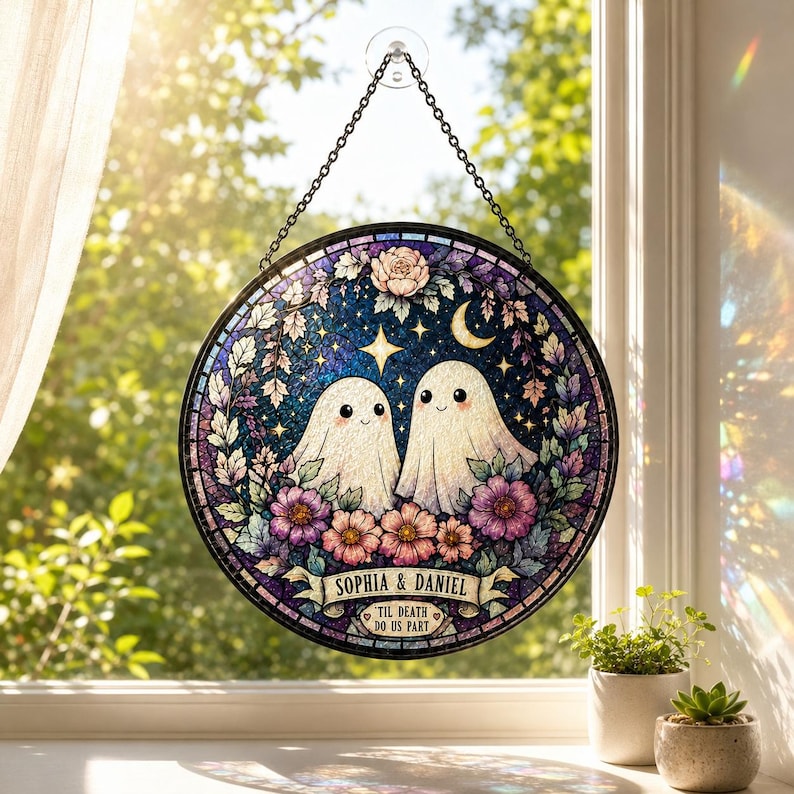 Custom Ghost Couple Stained Glass Suncatcher, Till Death Do Us Part Wedding Gift,  Gothic Anniversary Gift