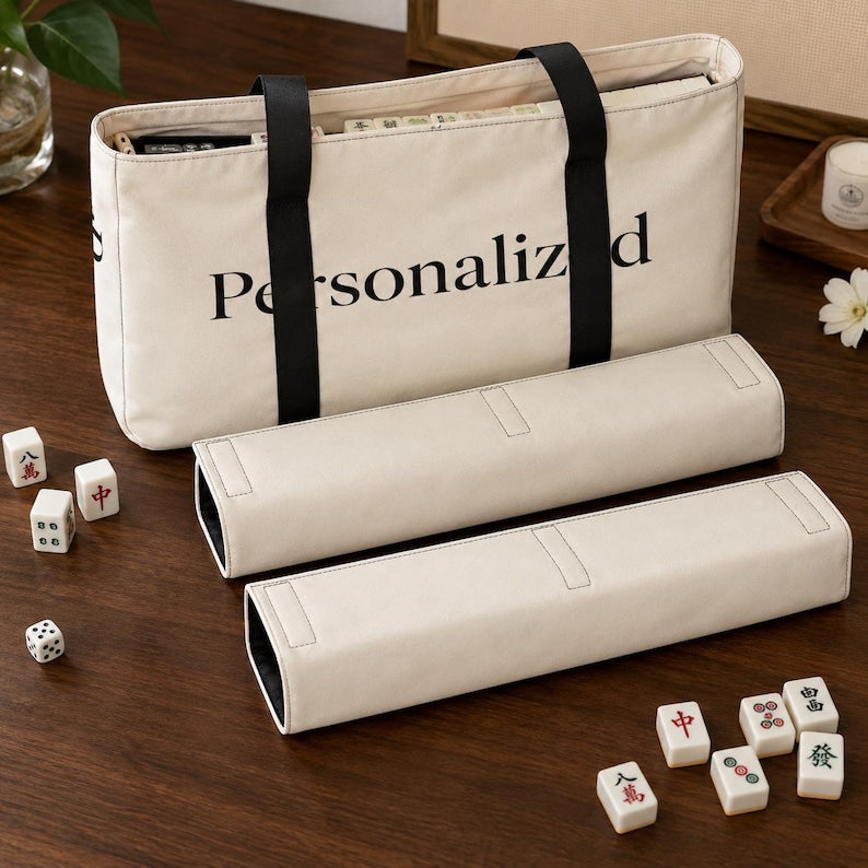 Personalized Mahjong Bag Set, 3-Piece Canvas Tile and Rack Organizer, Custom Name Travel Case