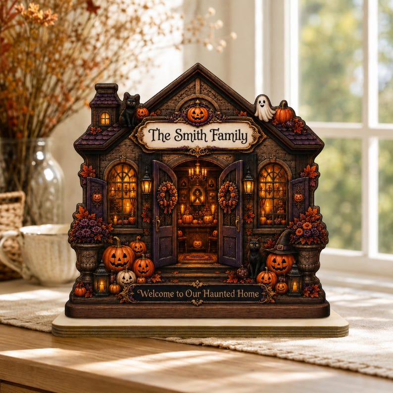Personalized Halloween House Wooden Plaque, Custom Family Decor, Spooky Home Sign