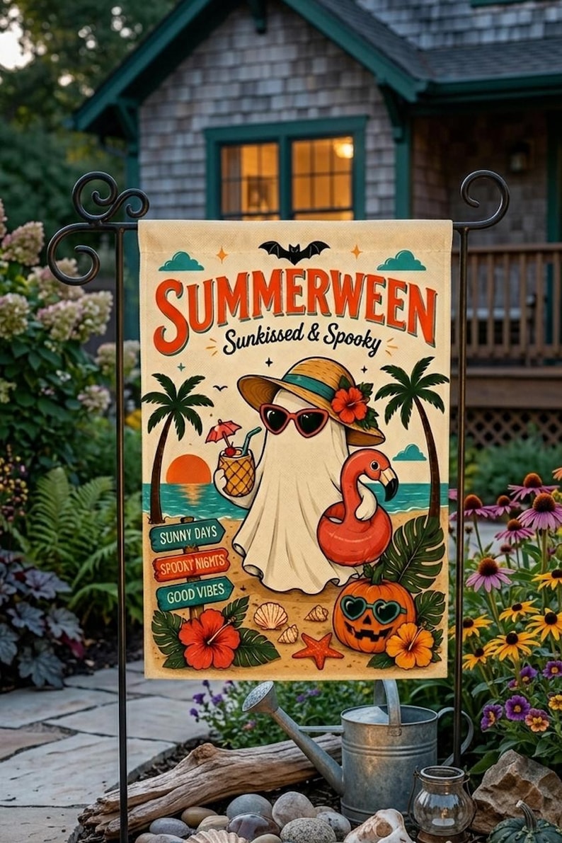 Summerween Garden Flag, Retro Ghost Spooky Beach Polyester