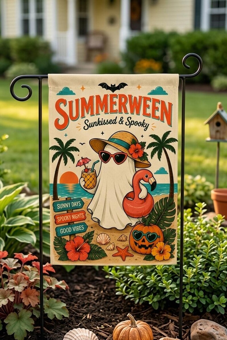 Summerween Garden Flag, Retro Ghost Spooky Beach Polyester