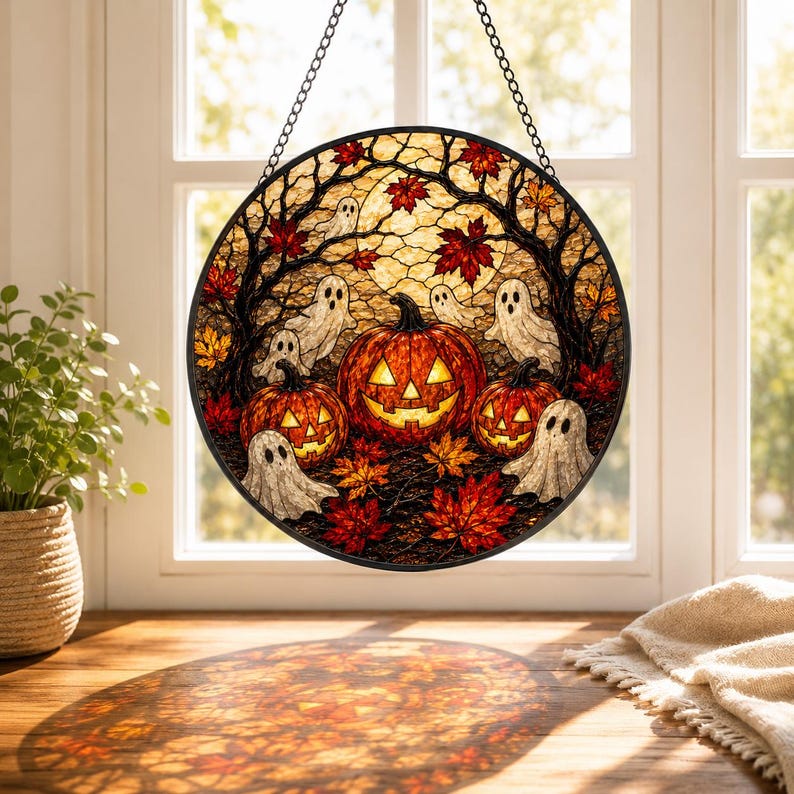 Halloween Ghost Suncatcher, Stained Glass Pumpkin Window Hanging, Spooky Fall Decor, Jack O Lantern Gift