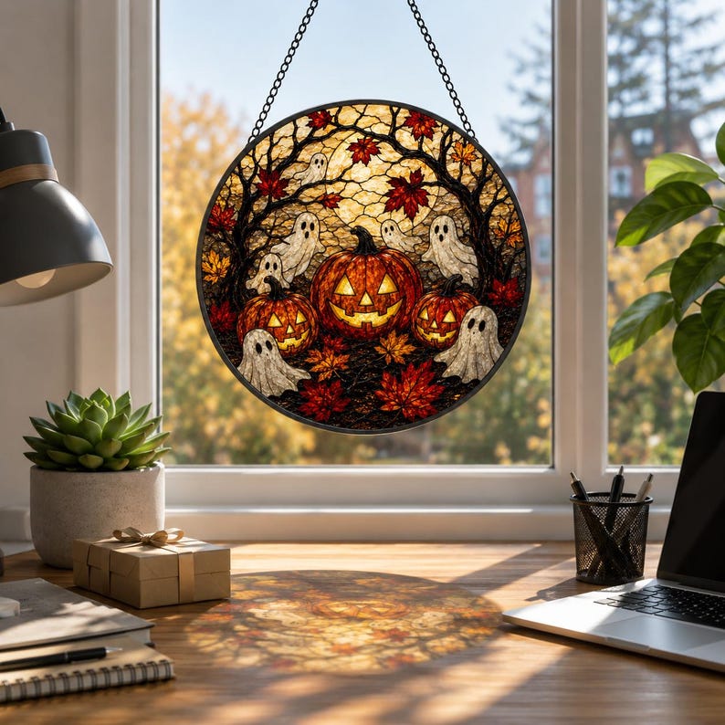 Halloween Ghost Suncatcher, Stained Glass Pumpkin Window Hanging, Spooky Fall Decor, Jack O Lantern Gift