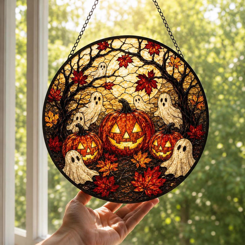 Halloween Ghost Suncatcher, Stained Glass Pumpkin Window Hanging, Spooky Fall Decor, Jack O Lantern Gift