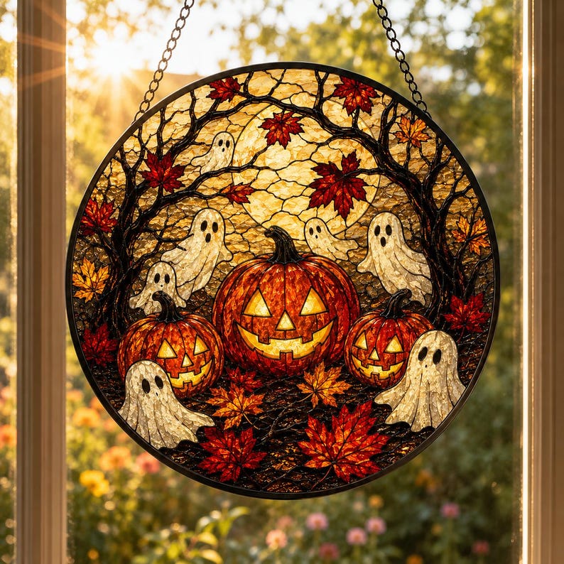 Halloween Ghost Suncatcher, Stained Glass Pumpkin Window Hanging, Spooky Fall Decor, Jack O Lantern Gift