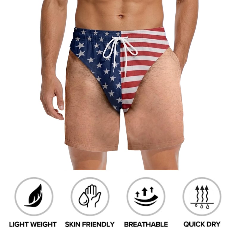 Custom Funny Patriotic Men's Swim Trunks, Personalized American Flag Swim Shorts, Summer Vacation Gift