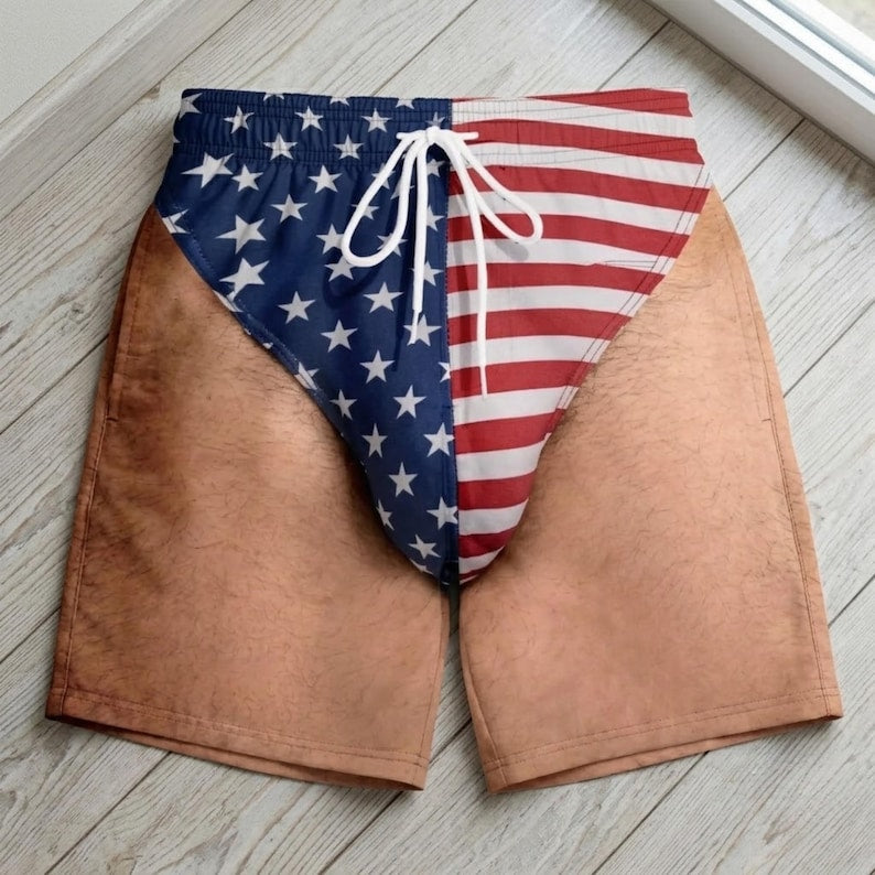 Custom Funny Patriotic Men's Swim Trunks, Personalized American Flag Swim Shorts, Summer Vacation Gift