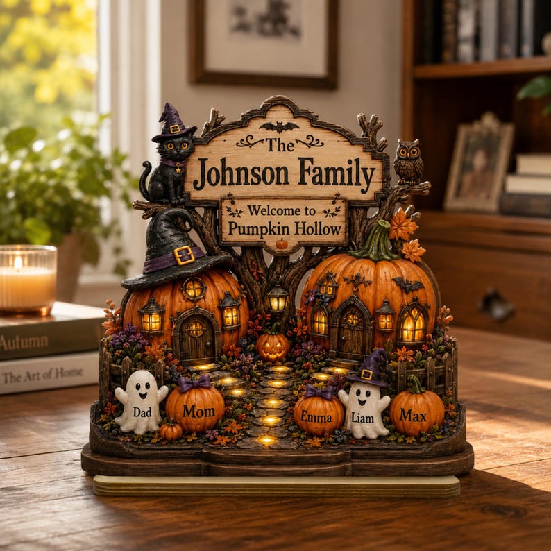 Halloween Pumpkin Hollow , Personalized Family Names Fall Decor, Custom Pumpkin Village Shelf Sitter
