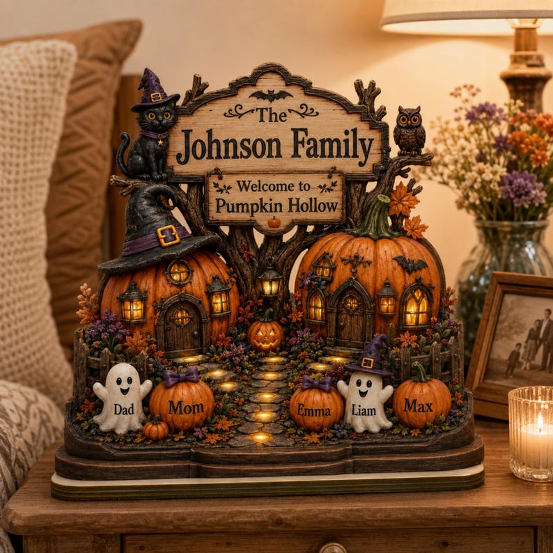 Halloween Pumpkin Hollow , Personalized Family Names Fall Decor, Custom Pumpkin Village Shelf Sitter
