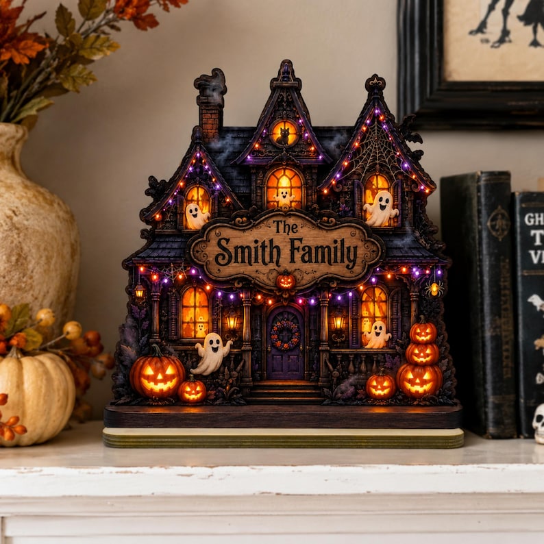 Custom Family Name Halloween Haunted House, Personalized Spooky Wooden Plaque