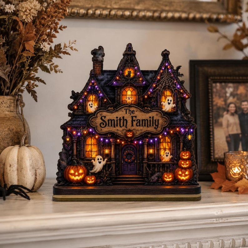 Custom Family Name Halloween Haunted House, Personalized Spooky Wooden Plaque
