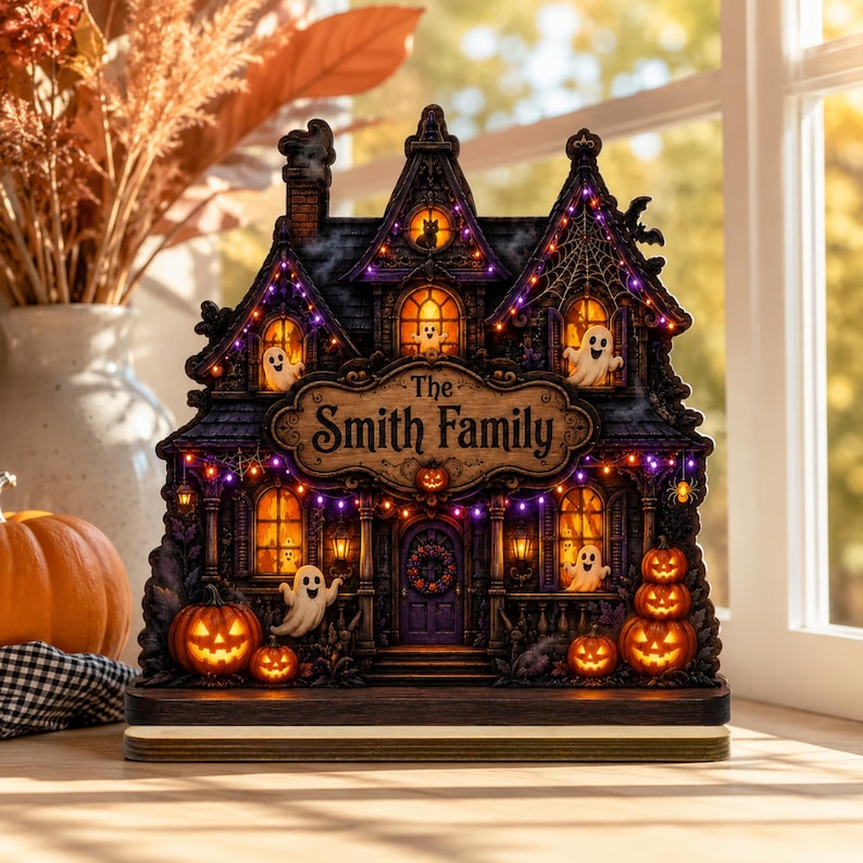 Custom Family Name Halloween Haunted House, Personalized Spooky Wooden Plaque