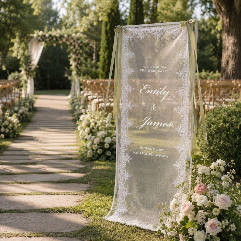 Personalized Lace Wedding Welcome Sign, Custom Sheer Wedding Signage, Reception Decor, Wedding Lace Banner