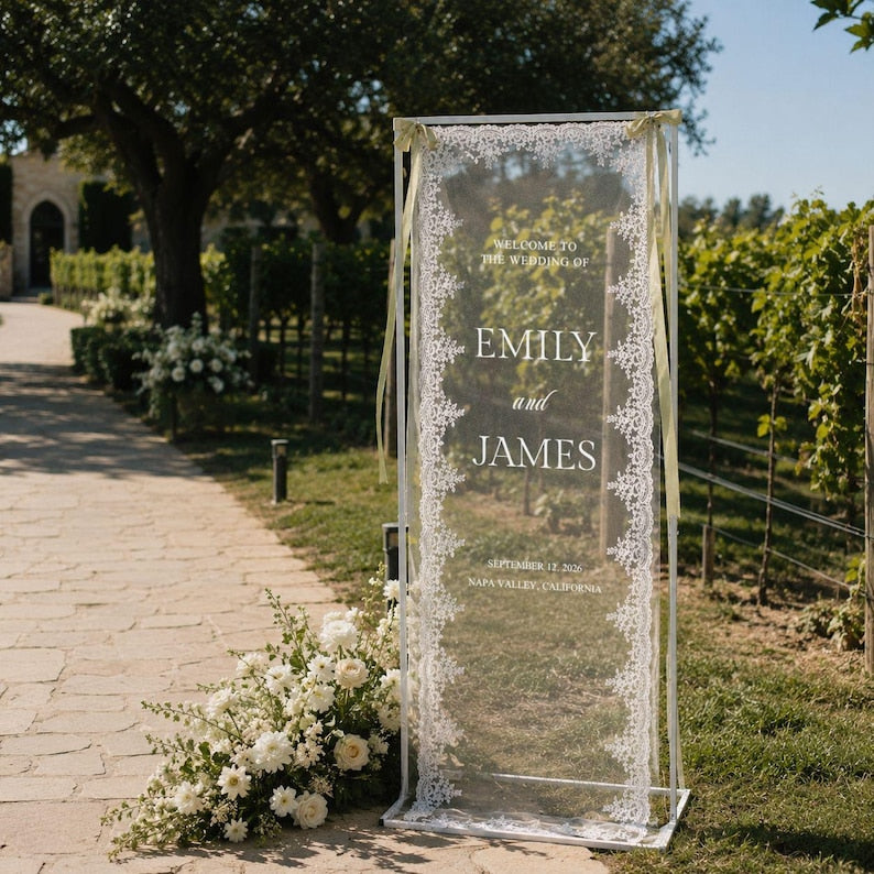 Personalized Lace Wedding Welcome Sign, Custom Sheer Wedding Signage, Reception Decor, Wedding Lace Banner