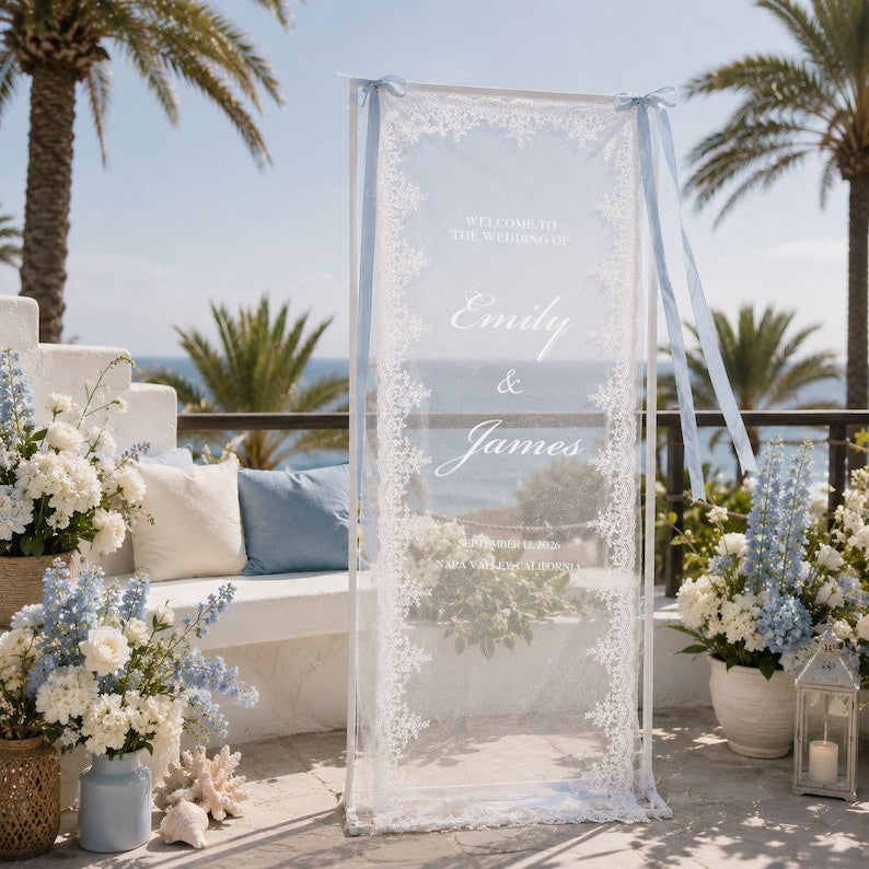 Personalized Lace Wedding Welcome Sign, Custom Sheer Wedding Signage, Reception Decor, Wedding Lace Banner