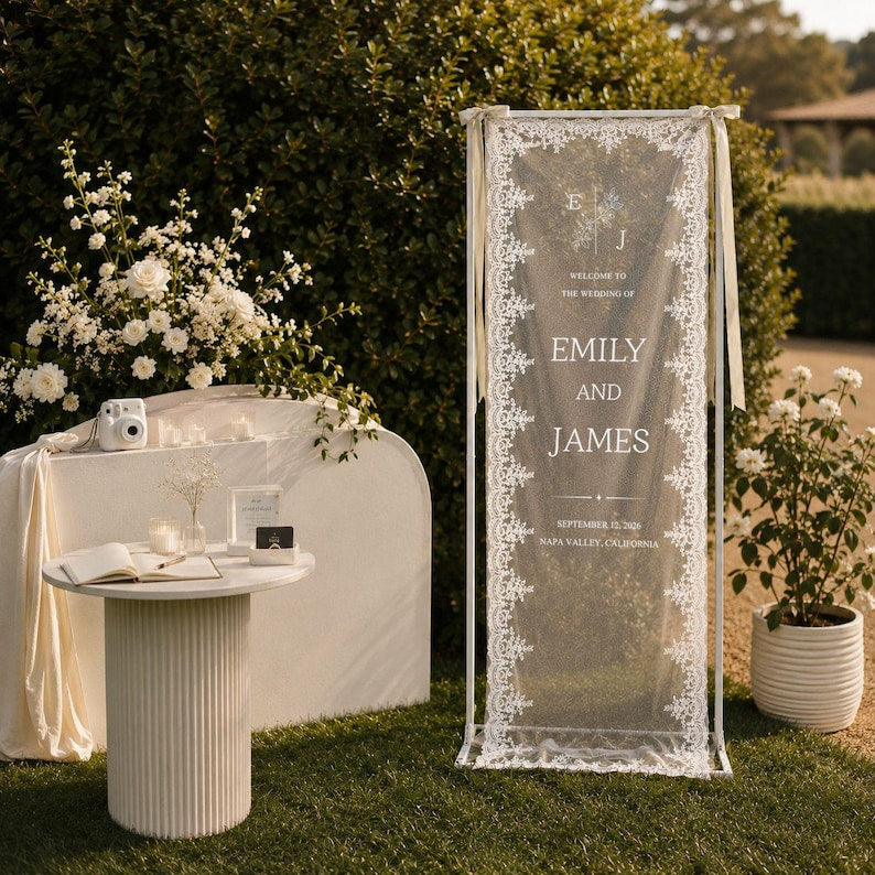 Personalized Lace Wedding Welcome Sign, Custom Sheer Wedding Signage, Reception Decor, Wedding Lace Banner