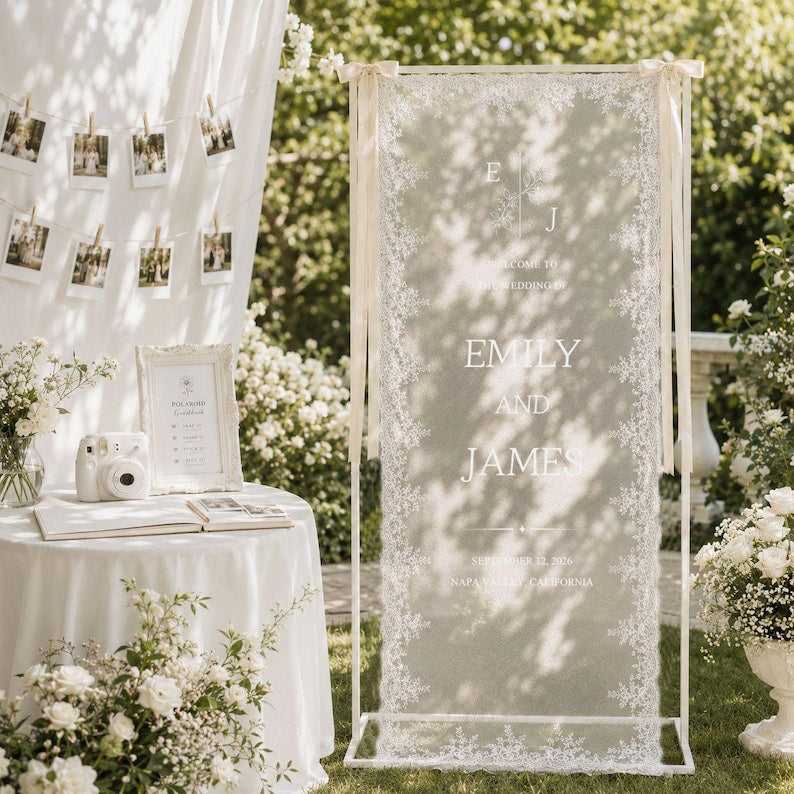 Personalized Lace Wedding Welcome Sign, Custom Sheer Wedding Signage, Reception Decor, Wedding Lace Banner