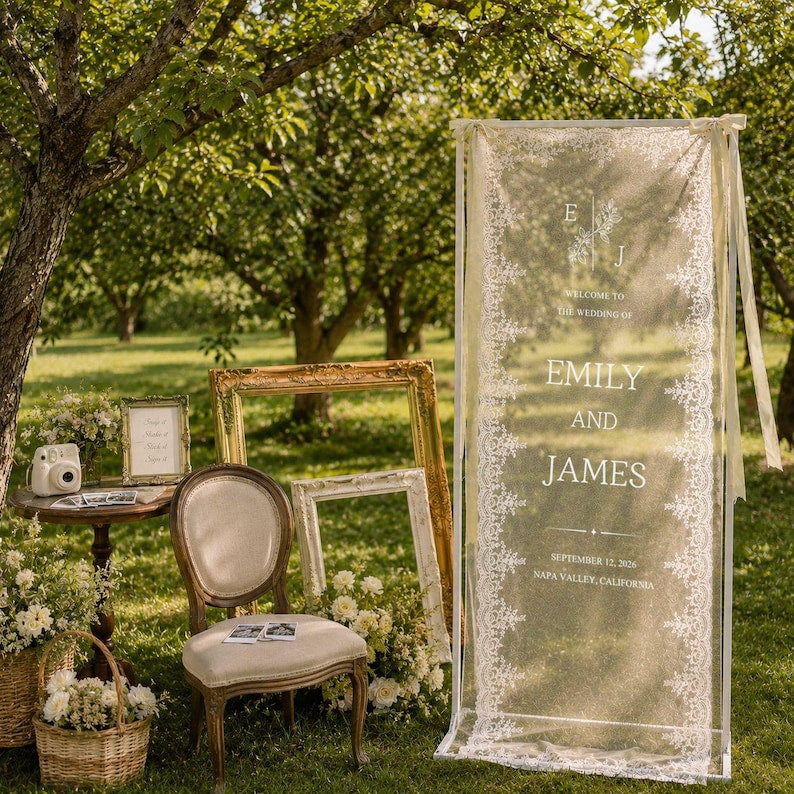 Personalized Lace Wedding Welcome Sign, Custom Sheer Wedding Signage, Reception Decor, Wedding Lace Banner
