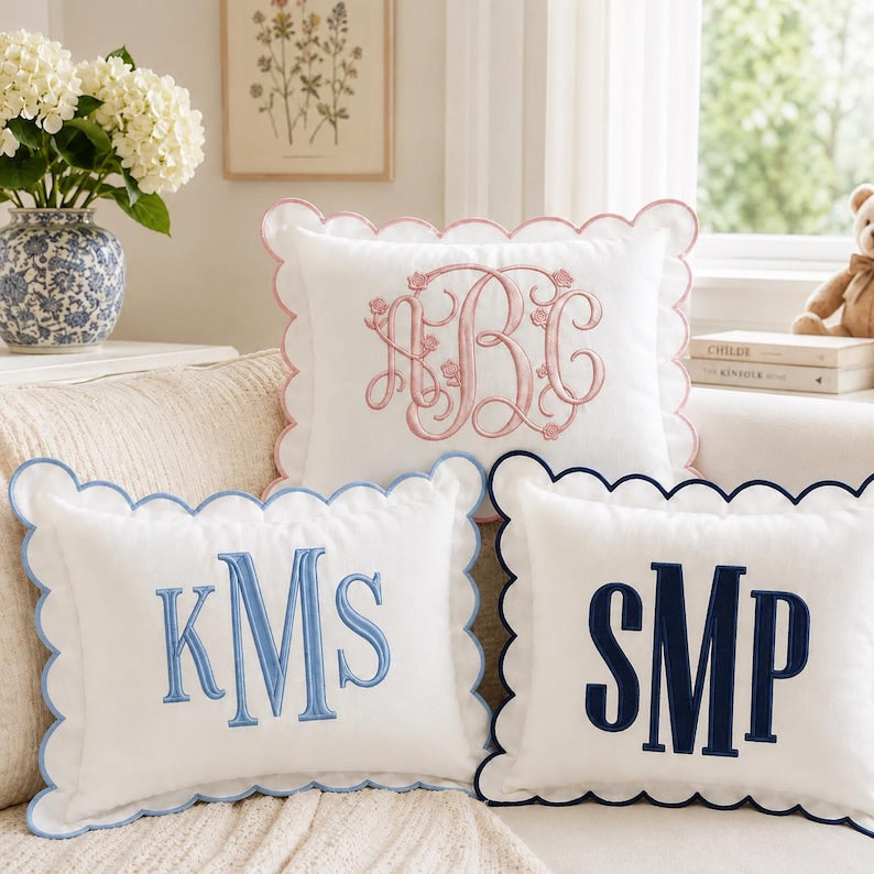 Personalized Monogram Pillow Cover, Custom Embroidered Scallop Pillow, Initial Cushion for Nursery Decor