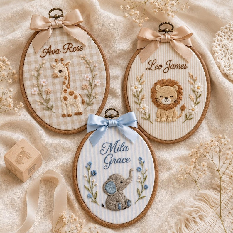 Embroidered Custom Animal Baby Name Sign, Personalized Safari Nursery Hoop, Giraffe Lion Elephant Wall Art