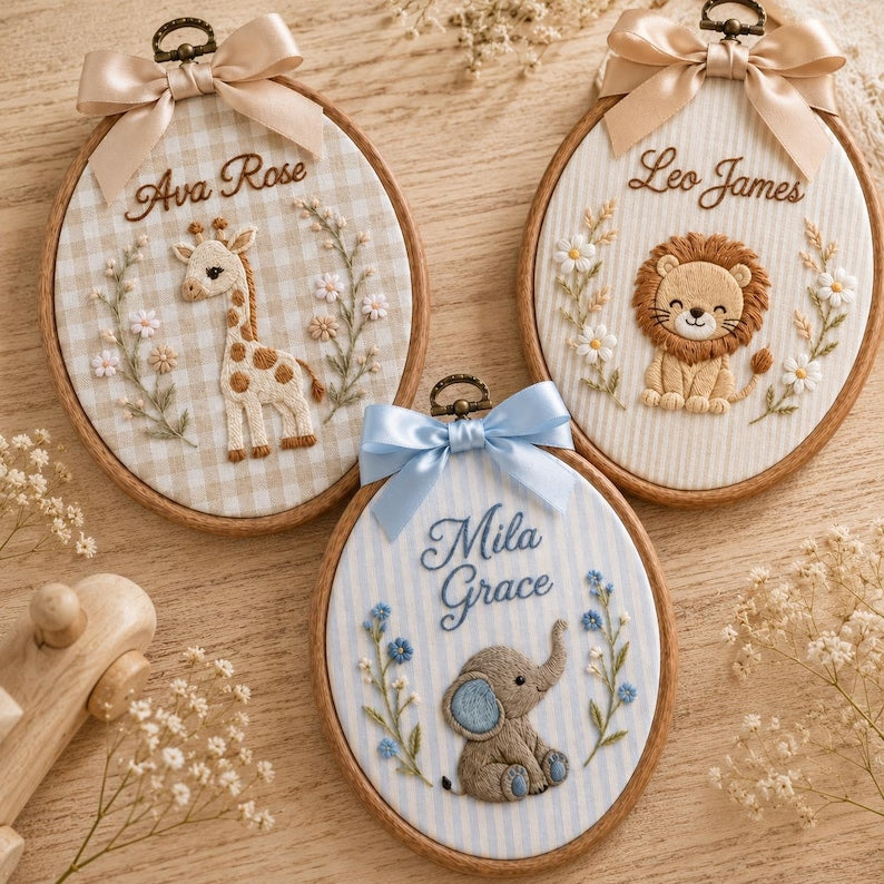 Embroidered Custom Animal Baby Name Sign, Personalized Safari Nursery Hoop, Giraffe Lion Elephant Wall Art