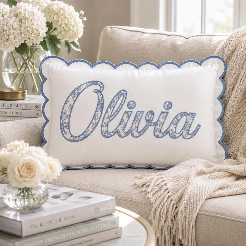 Personalized Monogram Pillow Cover, Custom Embroidered Initial Pillow, Scalloped Trim Pillowcase, Baby Room Decor