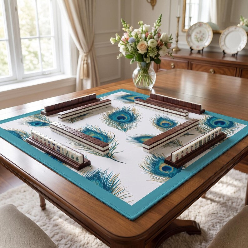 Peacock Feather Mahjong Mat, Non-Slip Game Table Mat