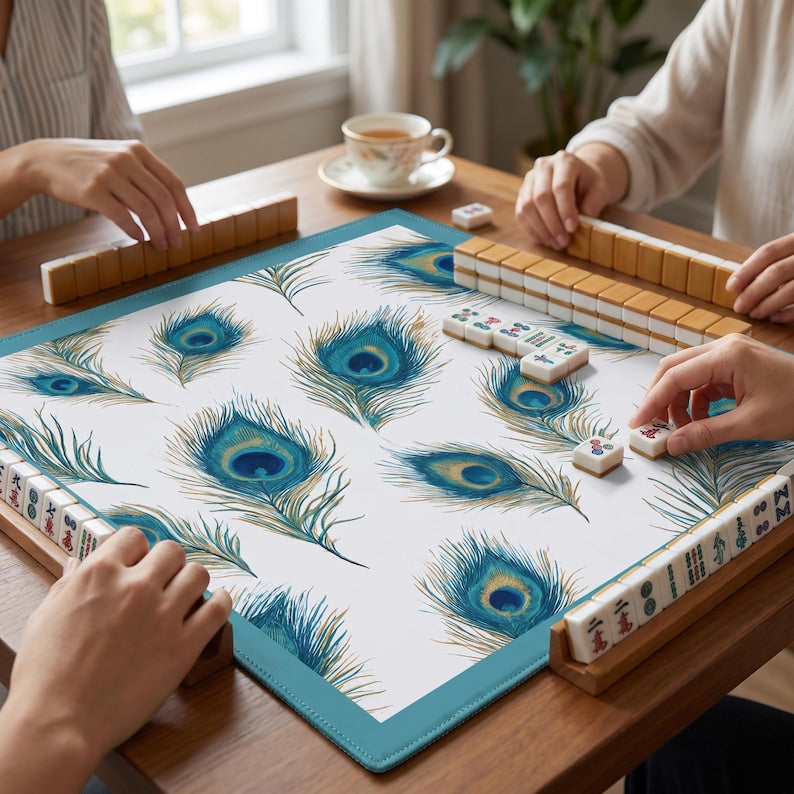 Peacock Feather Mahjong Mat, Non-Slip Game Table Mat