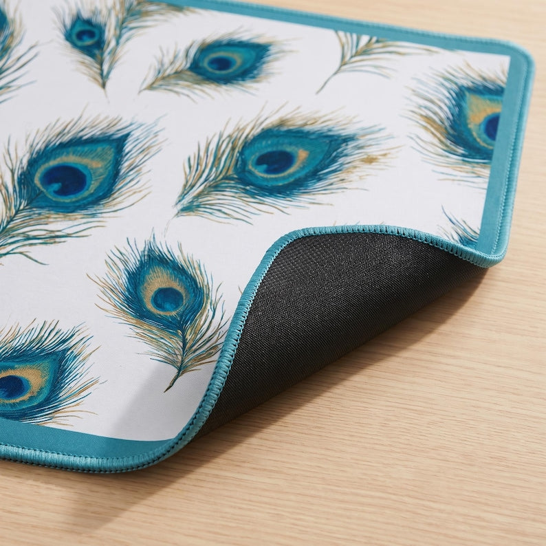 Peacock Feather Mahjong Mat, Non-Slip Game Table Mat