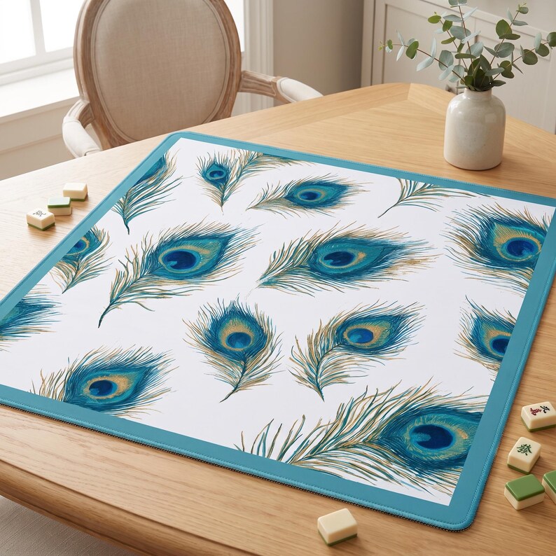 Peacock Feather Mahjong Mat, Non-Slip Game Table Mat