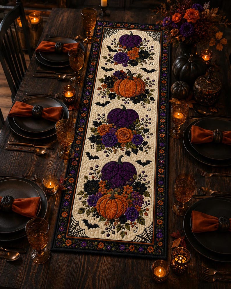 Halloween Pumpkin Table Runner, Floral Bat Quilted Table Decor, Spooky Fall Dining Table Runner