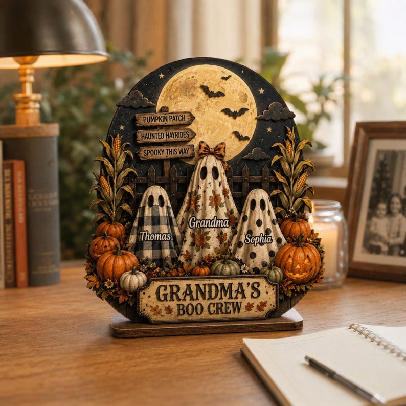 Personalized Halloween Ghost Wooden Plaque, Grandma’s Boo Crew Fall Shelf Decor