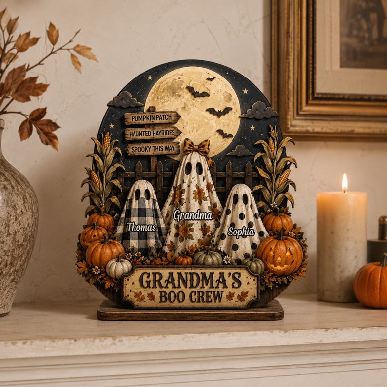 Personalized Halloween Ghost Wooden Plaque, Grandma’s Boo Crew Fall Shelf Decor