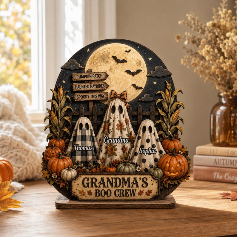 Personalized Halloween Ghost Wooden Plaque, Grandma’s Boo Crew Fall Shelf Decor