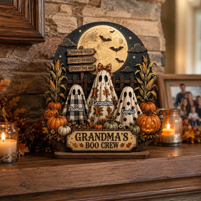Personalized Halloween Ghost Wooden Plaque, Grandma’s Boo Crew Fall Shelf Decor