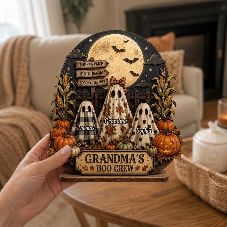 Personalized Halloween Ghost Wooden Plaque, Grandma’s Boo Crew Fall Shelf Decor