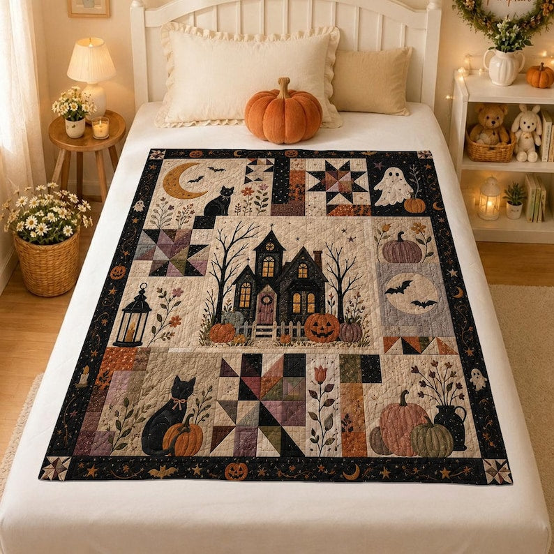 Halloween Patchwork Quilt, Spooky Ghost Pumpkin Blanket, Haunted House Quilt, Gothic Fall Bedding