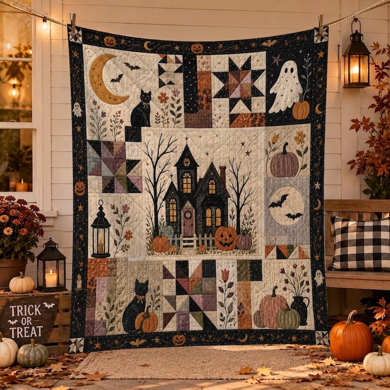 Halloween Patchwork Quilt, Spooky Ghost Pumpkin Blanket, Haunted House Quilt, Gothic Fall Bedding