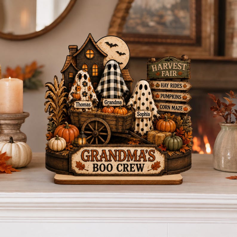 Grandma’s Boo Crew Wooden Plaque, Personalized Halloween Ghost Decor