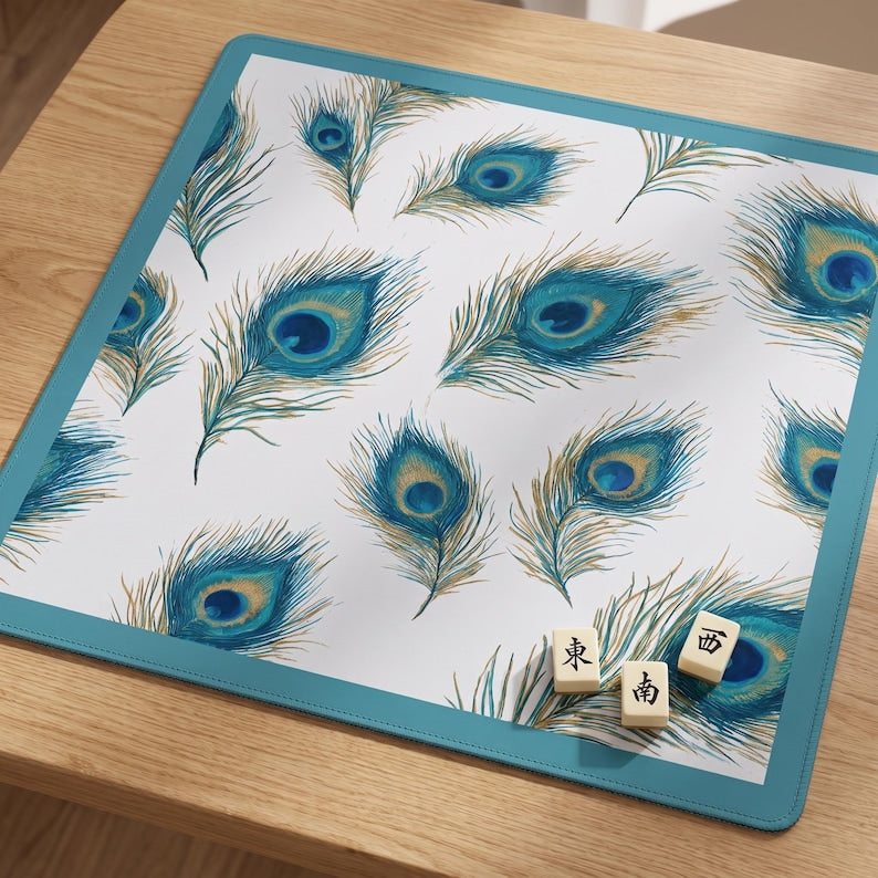 Peacock Feather Mahjong Mat, Non-Slip Game Table Mat