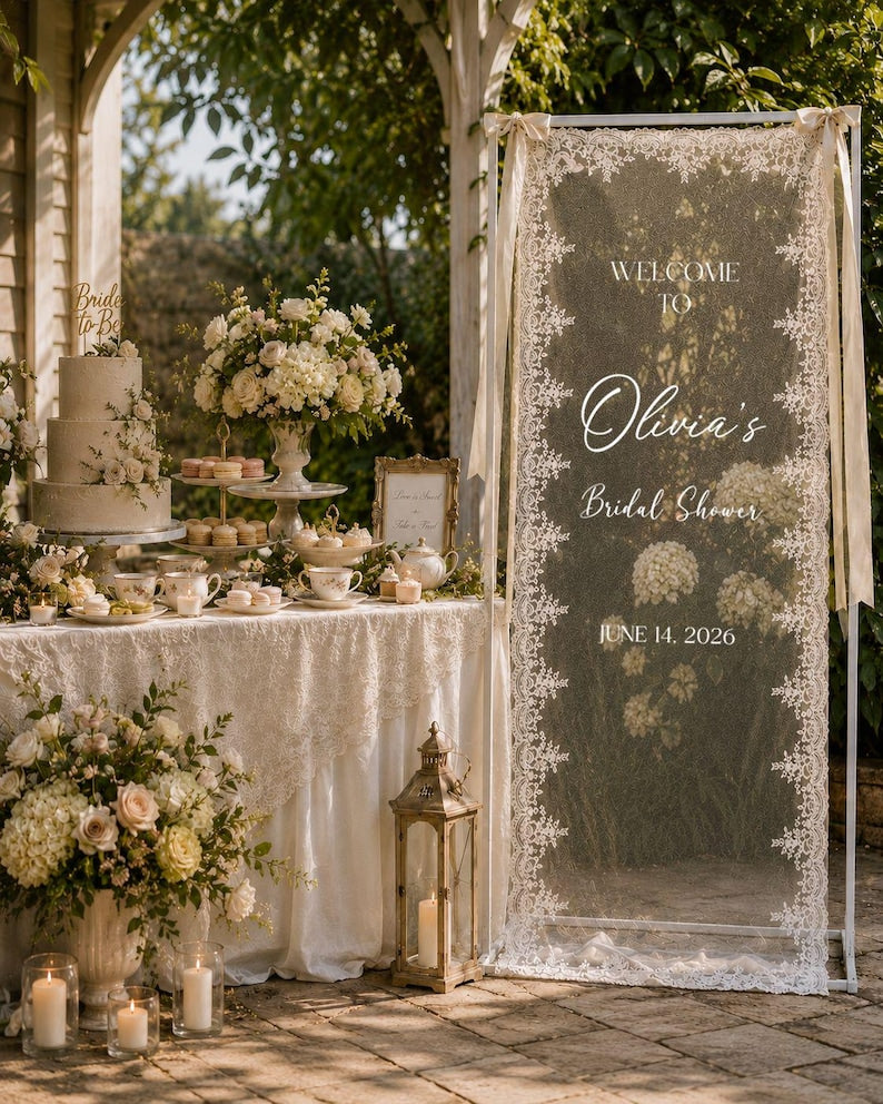 Personalized Lace Bridal Shower Welcome Sign, Custom Sheer Bride Shower Banner, Whimsical Hen Do Decor